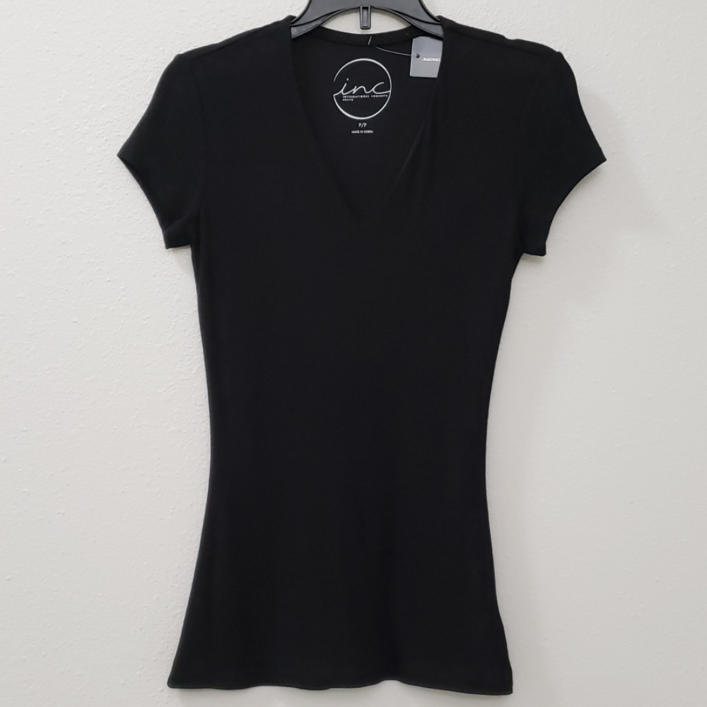 INC Black Ribbed V-Neck Top